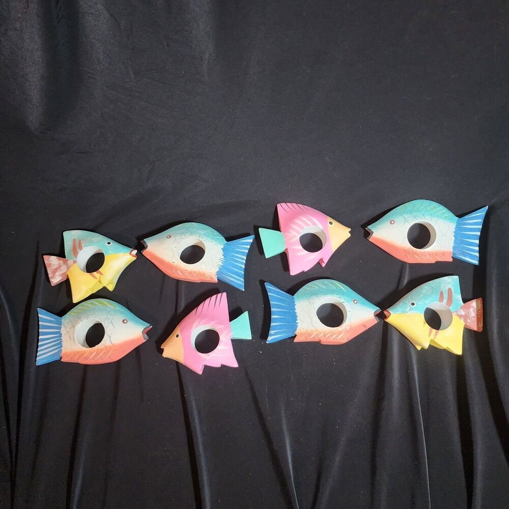 Fish Sculpture Napkin Holders Wooden Hand Carved colorful painted (8 Pcs)